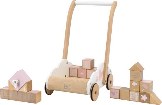 Label-Label Wood houten Loopwagen met educatieve blokken roze