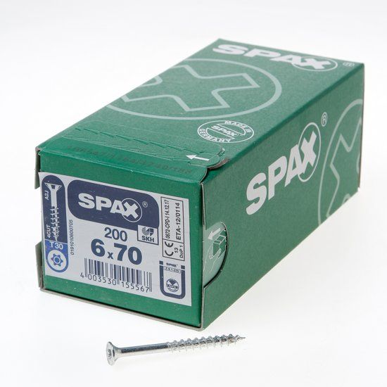 Spax Spaanplaatschroef platverzonken kop verzinkt T-Star T30 deeldraad 6.0 x 70mm - 200 stuks