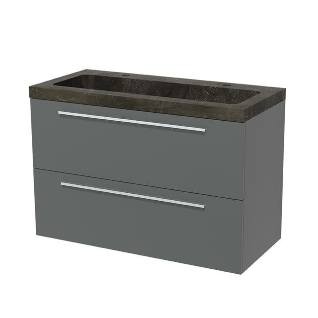 Maxaro Badkamermeubel 100cm Modulo Middengrijs 2 Lades Vlak Wastafel Natuursteen Blue Stone