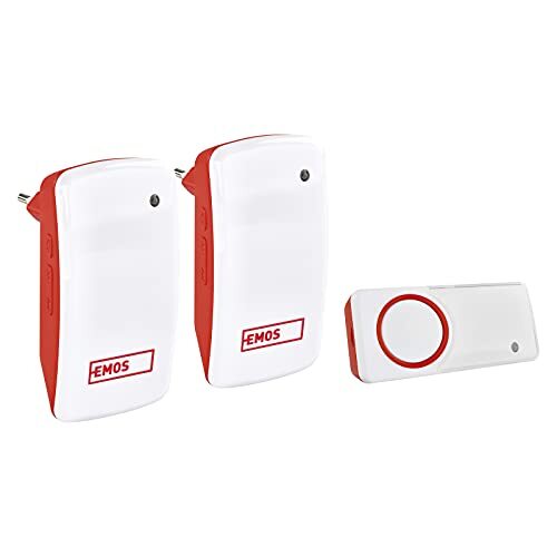 Emos Draadloze deurbel/draadloze bel set met 2 ontvangers, 150 m bereik en 10 beltonen, 5 niveaus volume tot 110 dB/visuele weergave/zelflerende koppeling/kleur wit/rood