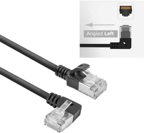 ACT Zwarte 5 m U/FTP CAT6A LSZH Slimline patchkabel met RJ45 connectoren recht naar 90° haaks links DA1905