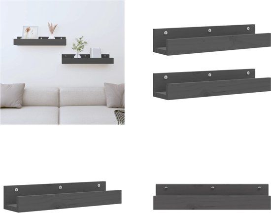 vidaXL Wandschappen 2 stuks massief grenenhout grijs 50x12x9 cm