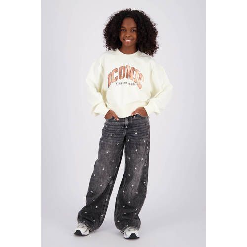 Vingino Cita Special wide leg jeans met borduursels en hartjes - grijs