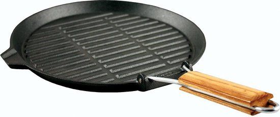 Baumalu Ronde Grillpan - 25.5 cm - Gietijzer - Inklapbaar Houten Handvat