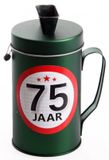Shoppartners Spaarpot - 75 jaar geworden thema - verjaardag cadeau - Blik met sticker van 9 cm - blik in groen