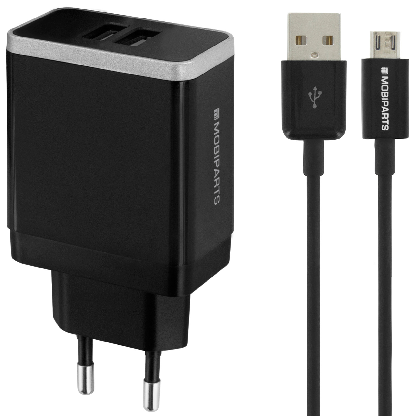 Mobiparts Wall Charger Dual USB 2.4A + Micro USB Cable Black