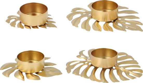 QUVIO Waxinelichthouder - Blad - Set van 4 - Metaal - Goud
