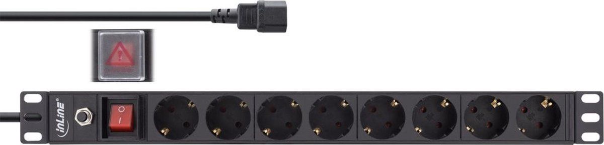 Inline 19'' stekkerdoos - IEC C14 - 8x CEE 7/3 - met overspanningsbeveiliging en schakelaar / zwart - 2 meter