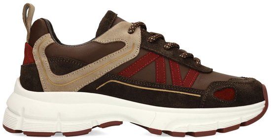Manfield - Dames - Donkerbruine leren sneakers met suède details - Maat 40