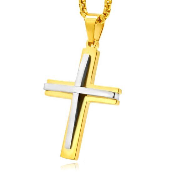Mendes Jewelry Schakelketting Venetiaans met Goud en Zilverkleurige Kruis Hanger