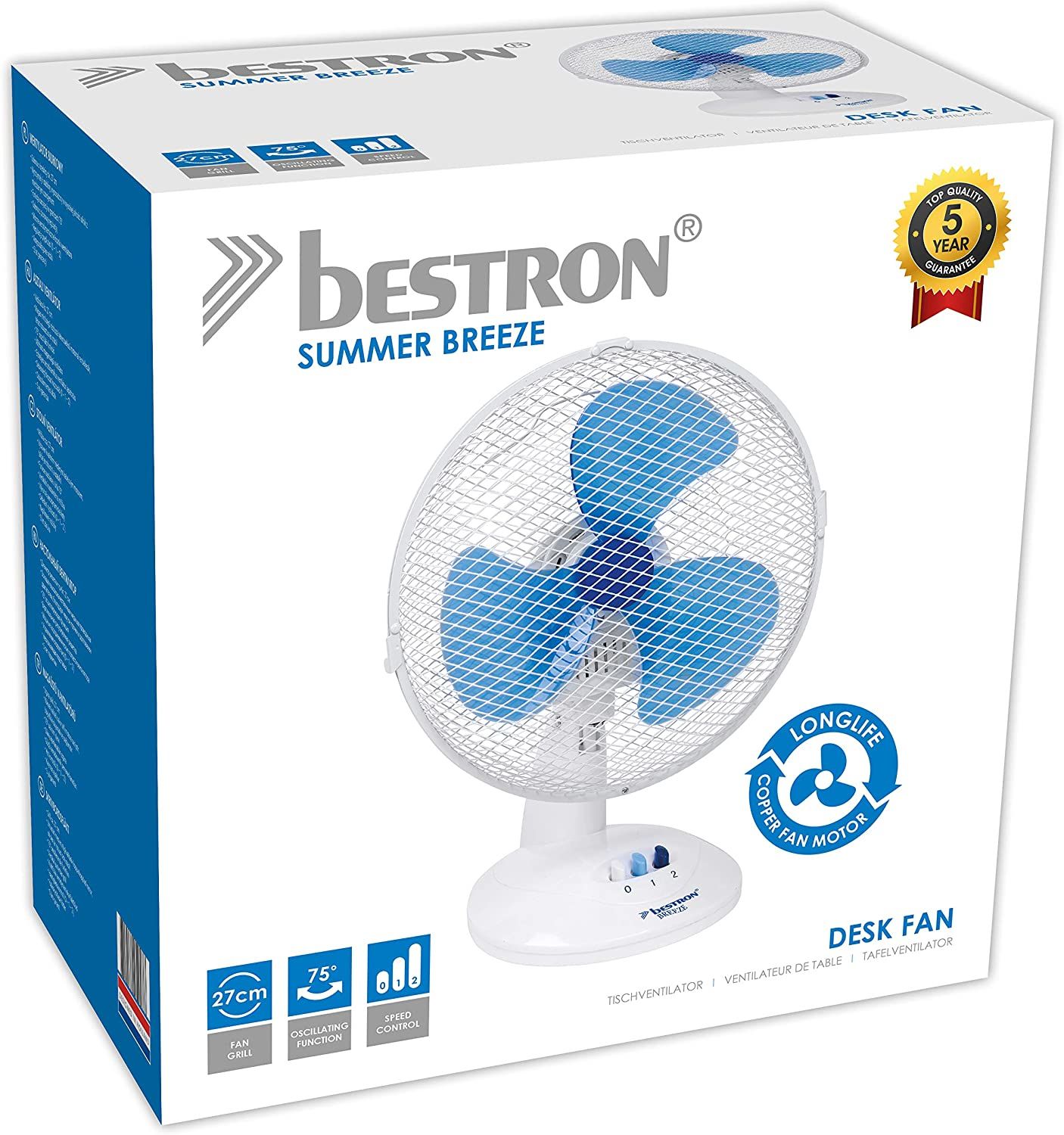 Bestron DDF27W Tafelventilator - 27cm - 2 Snelheden - 75° Draaifunctie - 30W - Blauw/Wit