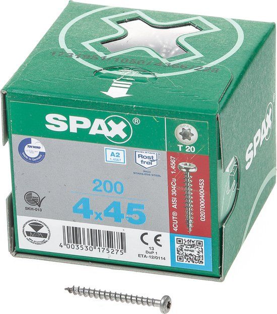 Spax Spaanplaatschroef cilinderkop RVS T-Star T20 4.0x45mm (200 stuks)