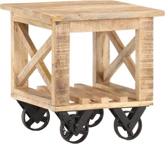 vidaXL Bijzettafel op wieltjes 40x40x42 cm ruw mangohout