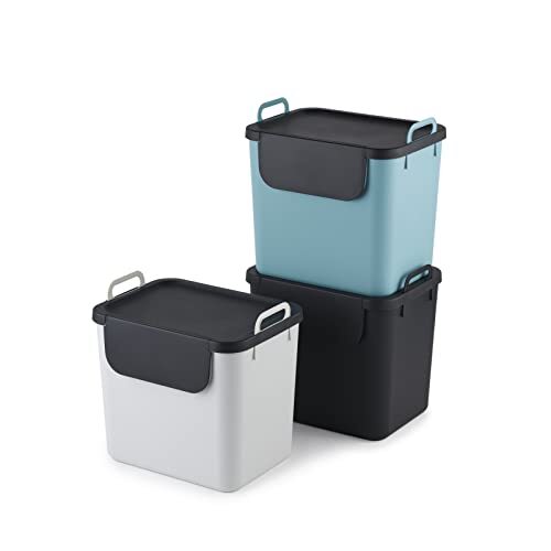 JIVE Set van 3 afvalscheidingssystemen keuken, kunststof (PP gerecycled), donkergrijs/wit/turquoise, 3 x 30 l, (39,8 x 29,8 x 50,1 cm), 3