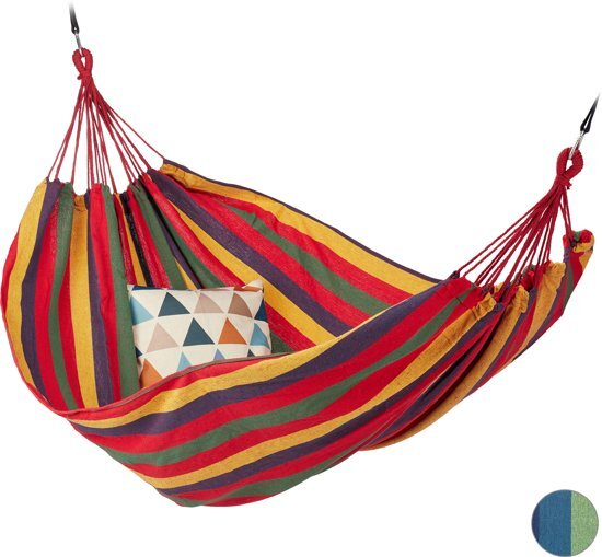 Relaxdays 2 persoons hangmat - tot 300 kg - tweepersoons - buiten - katoen - opbergtas geel/groen/blauw/rood