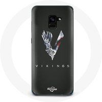 Maniacase Hoesje voor Samsung Galaxy A8 Plus Vikings serie seizoen 6 logo V zwaard grijs zwarte achtergrond
