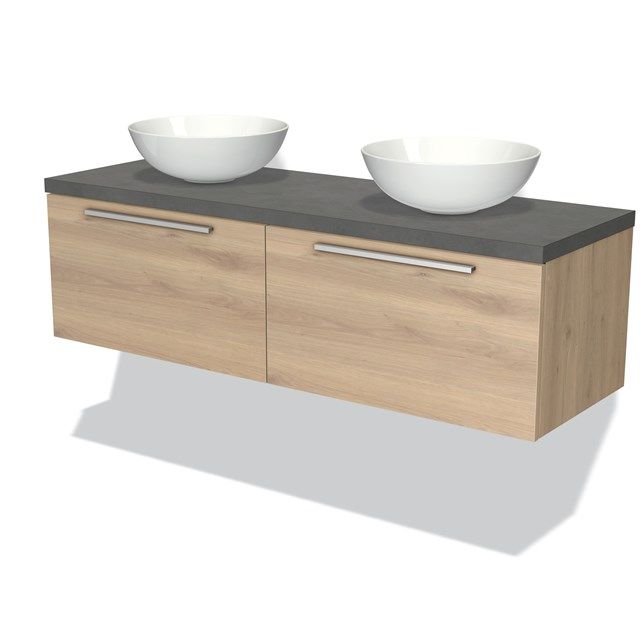 Maxaro Badkamermeubel Modulo Plato 140cm Lichtbruin Eiken 2 Lades Vlak Donkergrijs Beton Blad