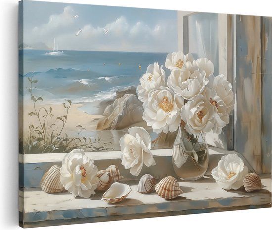 Artaza Canvas Schilderij Witte Bloemen en Schelpen - 90x60 cm