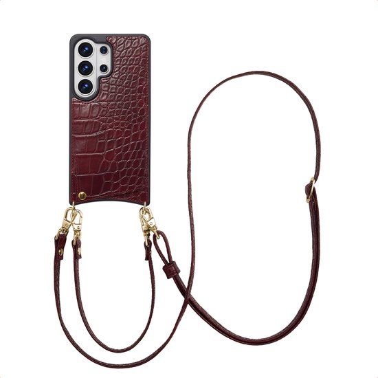 Selencia Hoesje - Geschikt voor Samsung Galaxy S26 Ultra - Croco Backcover met koord en pashouder - Burgundy