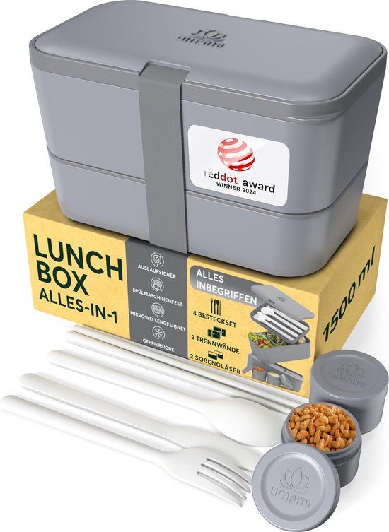 Umami® All-in-1 1,5L Bento lunchbox volwassenen met bestek (Bentobox Grijs)