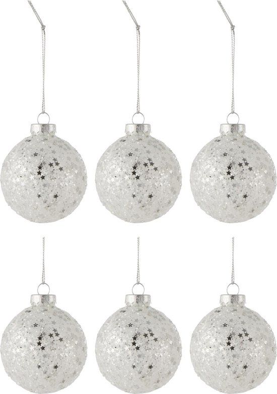 {"int": null, "string": "J-Line"} J-Line Kerstballen - Set van 6 - Glas - Zilver - 8 cm - Met Glitters
