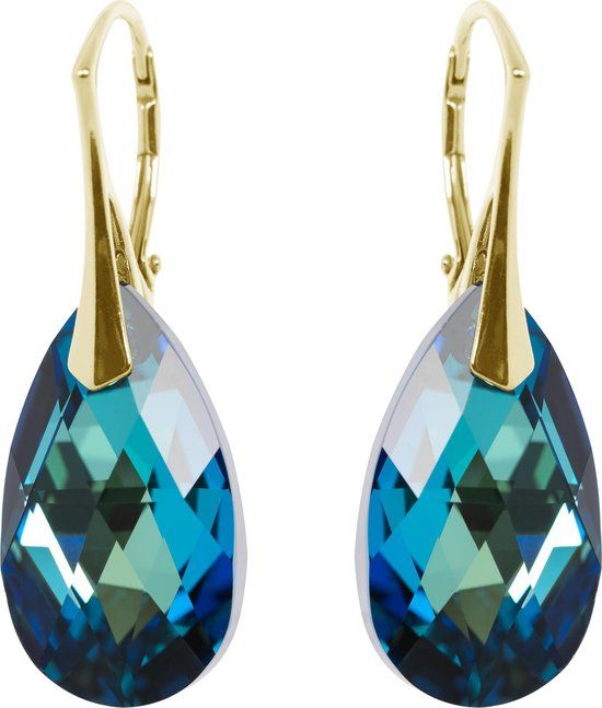 DBD Goud Vergulde Zilveren Oorhangers - Swarovski Kristal - Bermuda Blauw - 22MM