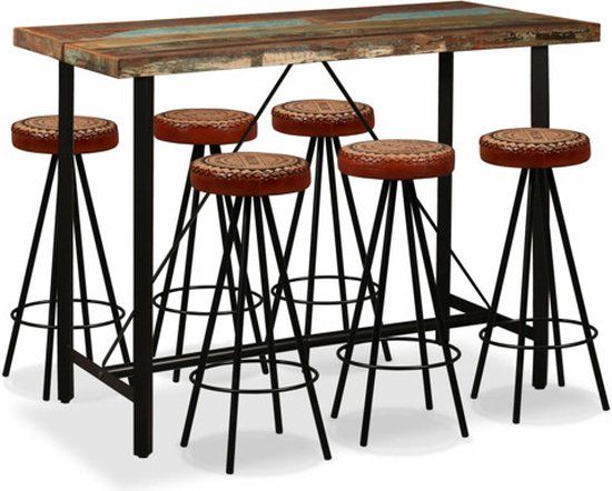 vidaXL Barset - massief gerecycled hout, echt leer en canvas - 7-delig