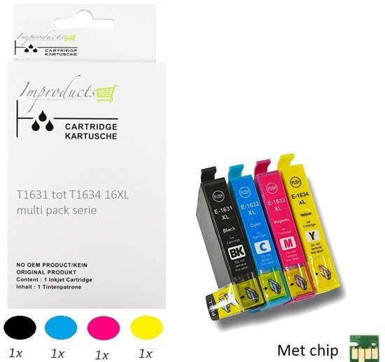 Improducts Â® Huismerk Inktcartridge Alternatief Epson 16XL 16 XL Multipack inktcartridges, 4 pack (1x zwart T1631, 1x cyaan T1632, 1x magenta T1633, 1x geel T1634) + 1x complete set