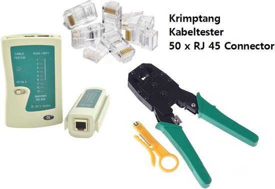 Koopcity Krimptang met Kabelstripper, Kabeltester en 50 x RJ45 Connectoren Netwerk Cat5E / Cat6 / RJ11 RJ12 RJ45 UPT Kabel aansluit-combinatie