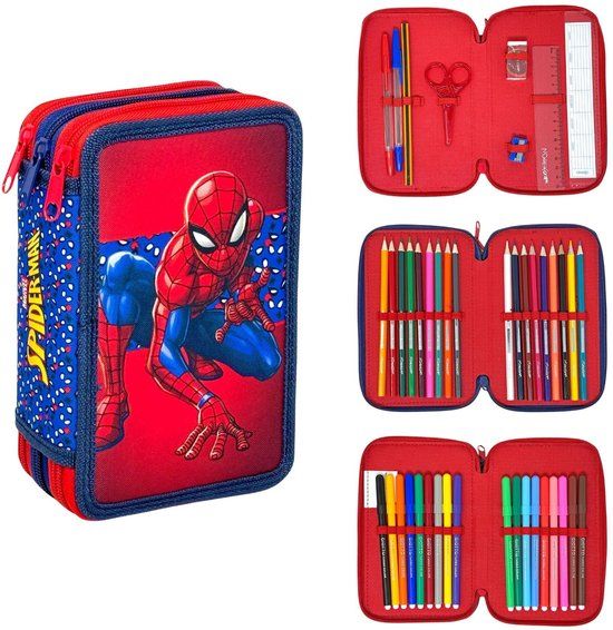 Lilo & Stitch Spiderman Gevulde Etui - 3 Vaks Pennenetui - 44 delig - Rood