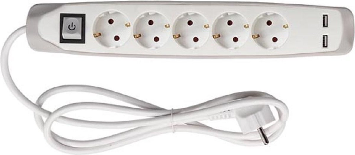 Perel 5-VOUDIGE STEKKERDOOS MET SCHAKELAAR - 2 USB-POORTEN - GRIJS/WIT - SCHUKO