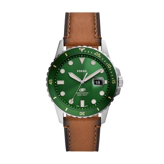 Fossil FS5946 Herenhorloge 42 mm - Zilverkleurig - Groene Wijzerplaat - Bruine Lederen Band
