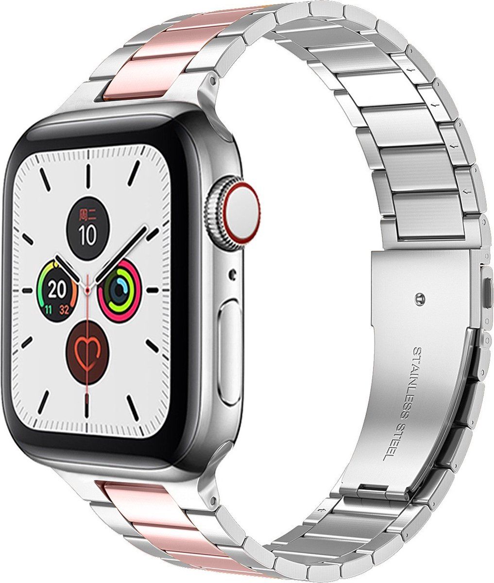 Qubix Compatible Apple Watch Band - Stainless Steel Link Band - Silver with Rose - Compatible with Apple Watch 42/44/45/Ultra/49mm Smartwatch Band