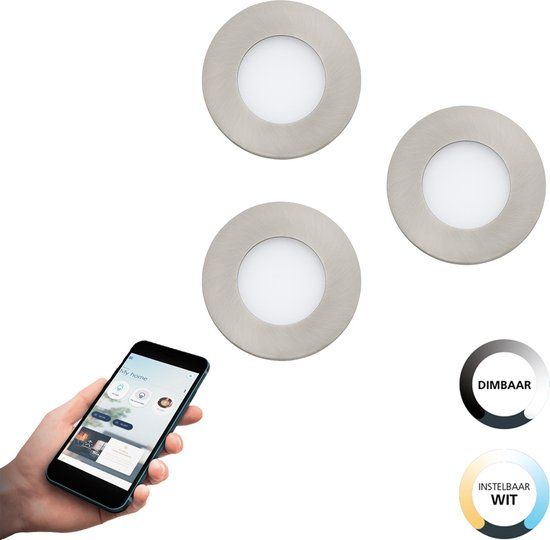 EGLO Connect.z Smart-Home LED Inbouwspots - Set van 3 - Ø 85 mm - ZigBee - Dimbaar - Nikkel-mat - IP44