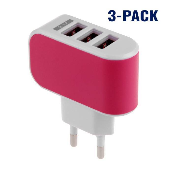 Stuff Certified 3-Pack Triple 3x USB Port iPhone/Android Muur Oplader Wallcharger AC Thuis Roze