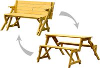 Markenlos Multifunctionele picknickbank van massief hout, 2-in-1: een tuinbank en een tafel voor 4 personen, ideaal voor buiten, afmetingen: 138 x 144 x 77 cm, naturel