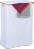 Merkloos Relaxdays Wasmand met deksel, 105 l, bamboe en polyester, opvouwbaar, draagbaar, wit/naturel