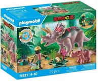 PLAYMOBIL Triceratops avec bébé et explorateur, dinosaure, 29 pièces, set de jeu coloré