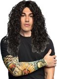 Boland Verkleed setje heren Bikers/Rockers - carnaval verkleedpruik zwart - met setje Tattoo sleeves Lucky gambler