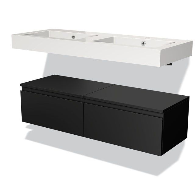 Maxaro Badkamermeubel 120 cm Modulo Mat Zwart 2 Lades Greeploos Wastafel Mineraalmarmer