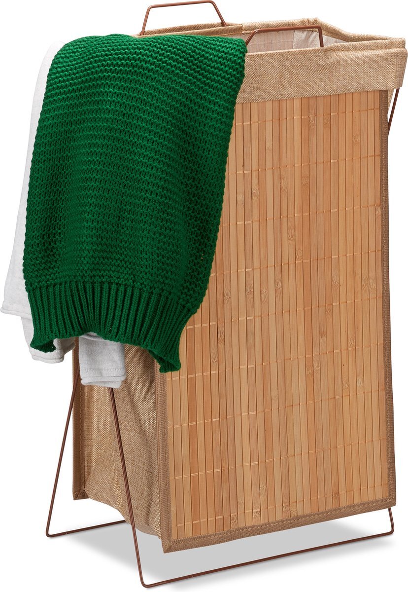 Relaxdays Wasmand bamboe met hengels opbergmand 40 l waszak mand opvouwbaar frame metaal - wit