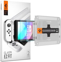 Spigen Glas.tR EZ Fit Screenprotector compatibel met Nintendo Switch OLED 2021, 2 Stuks, met Sjabloon voor Installatie, Kristalhelder, Case friendly, 9H Gehard Glas