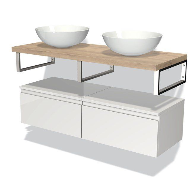 Maxaro Badkamermeubel Modulo Plato 120 cm Hoogglans Wit 2 Lades Greeploos Lichtbruin Eiken Blad