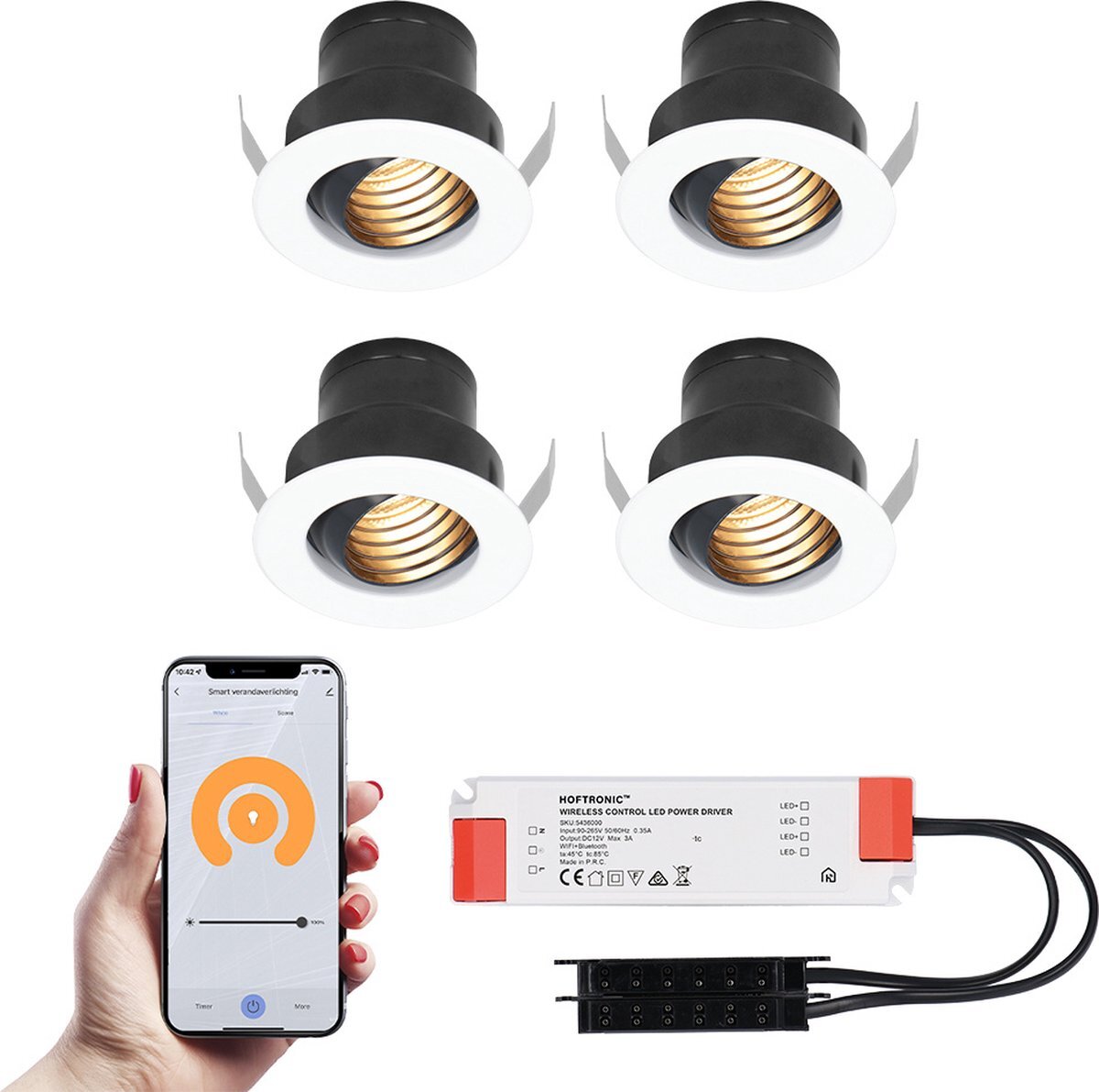 HOFTRONIC 4x Medina witte Smart LED Inbouwspots complete set - Wifi & Bluetooth - 12V - 3 Watt - 2700K warm wit