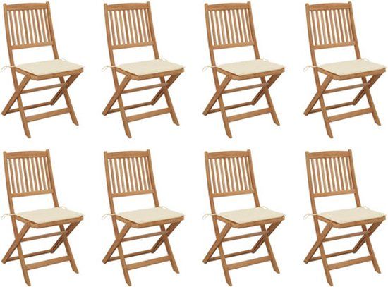 vidaXL Opklapbare Tuinstoelen met Kussens, 8 stuks, Massief Acaciahout, Crème