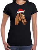 Bellatio Decorations Kerst T-shirt voor dames - paard met kerstmuts - zwart - Kerstfeest XXL