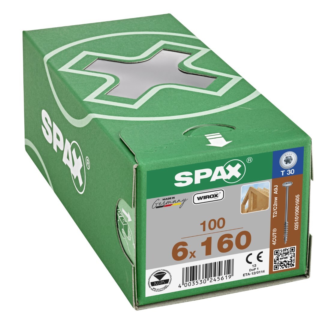 Spax 251010601605 Hi-Force schroef, Discuskop, 6 x 160, Deeldraad, T-STAR plus T30 - WIROX - 100 stuks