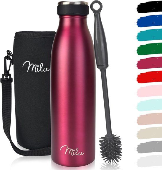 MILU Roestvrij Staal Vacuüm Geïsoleerde Waterfles - 500ml - Dubbelwandige Metalen Fles, Voor Warme, Koude & Koolzuurhoudende Dranken (Bes)
