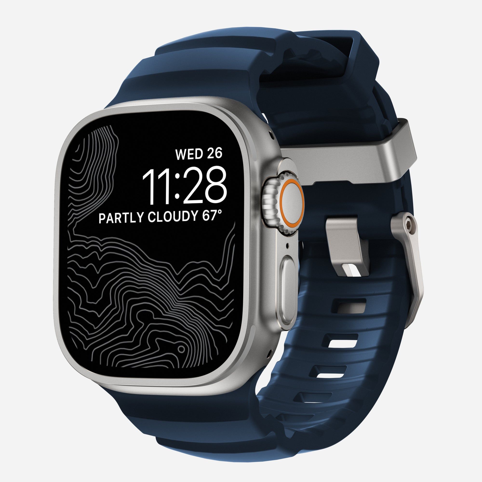 Nomad Rocky Point Horlogeband / Natural Hardware 45/46/49mm – Gemaakt van Duurzaam FKM Fluorelastomeer – Waterbestendig en Ventilatiegroeven – Compatibel met Alle Apple Watch Modellen - Blauw