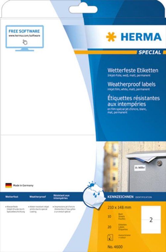 Herma 4594 Inkjet-etiketten weerbestendig A4 63,5 x 29,6 mm wit permanent hechtend 40vel